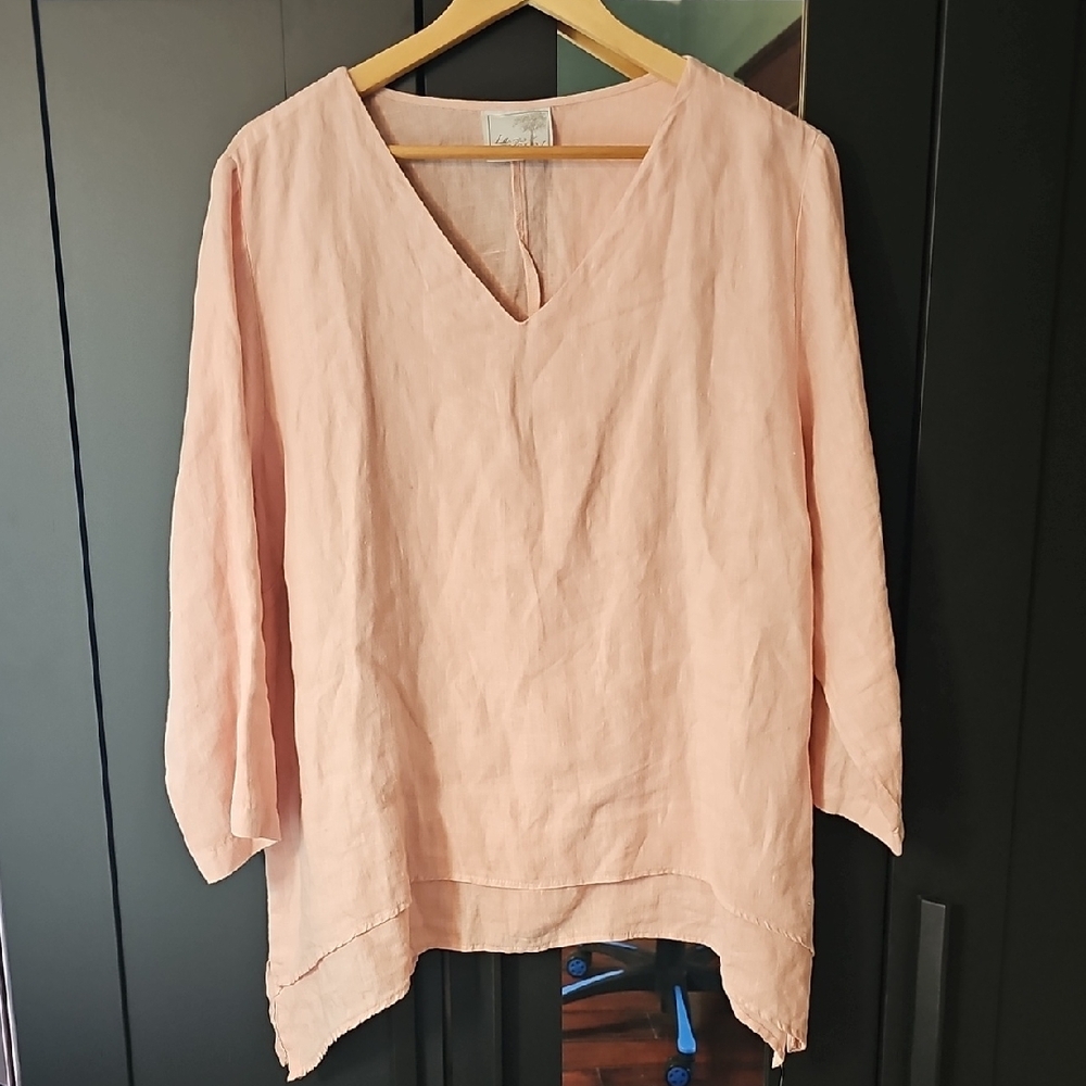 La Fixsun 100% Linen V-Neck Tunic Blouse M Pink Hi-Low Hem Lagenlook 3/4 Sleeve